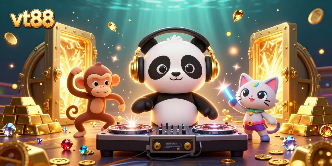 Experience the vibrant atmosphere of vt88 with a DJ panda and casino elements in this colorful illustration.
