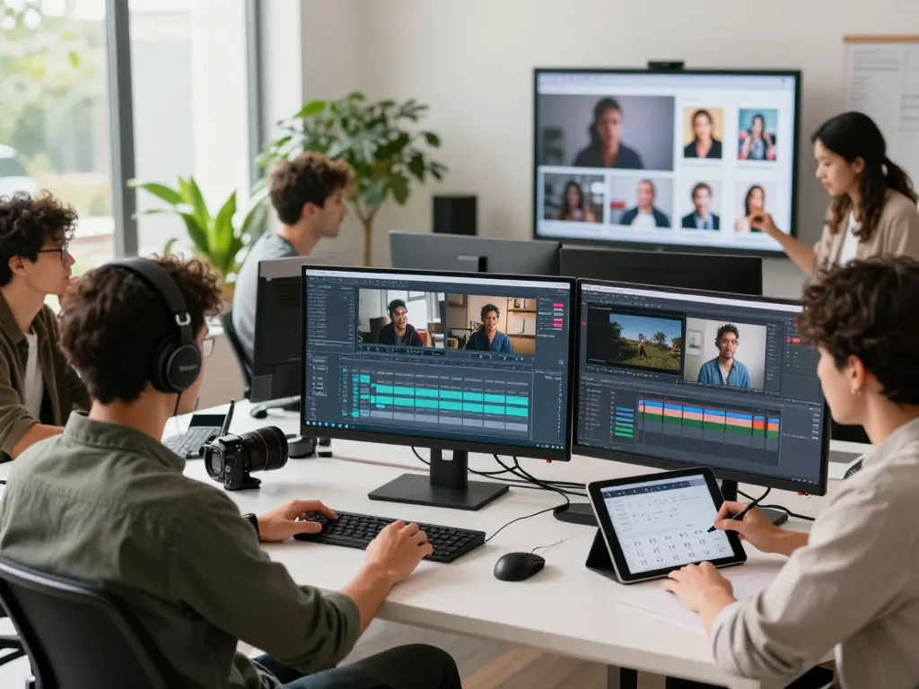 Team showcasing seedance 2.0 in a modern video production studio, highlighting collaboration and creativity.