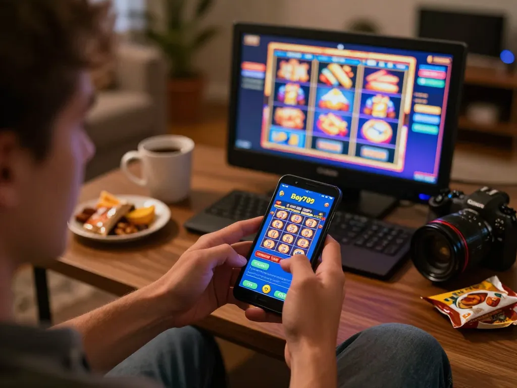 Engaging with the Bay789 casino app on mobile in a cozy home atmosphere, showcasing online gaming excitement.