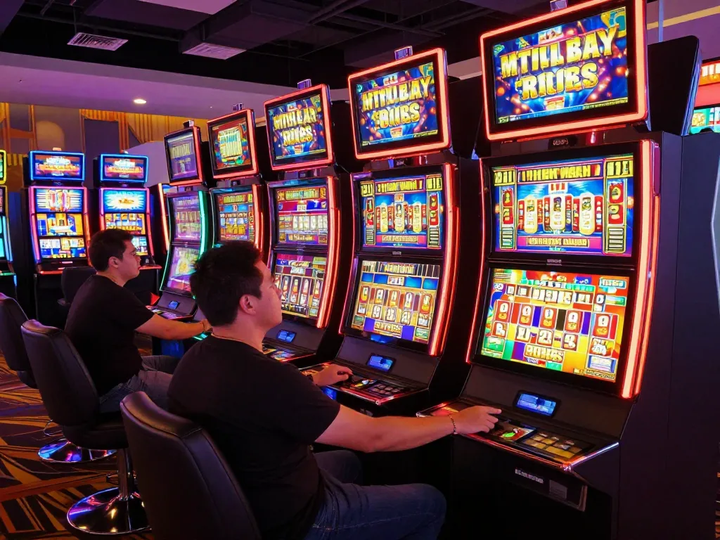 Engaged gamblers playing vibrant slot machines at a casino, highlighting the debet experience in gaming.