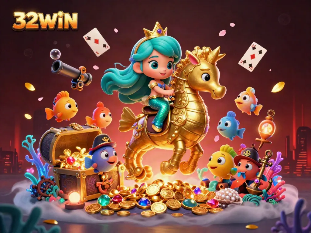 Engage with 32WIN's vibrant underwater gambling scene featuring a mermaid princess and her seahorse entourage.