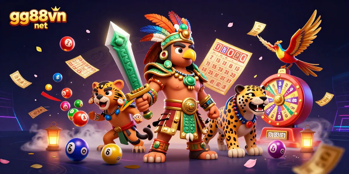 Win big at gg88vn net with a vibrant 3D Aztec warrior scene filled with dynamic lottery excitement.
