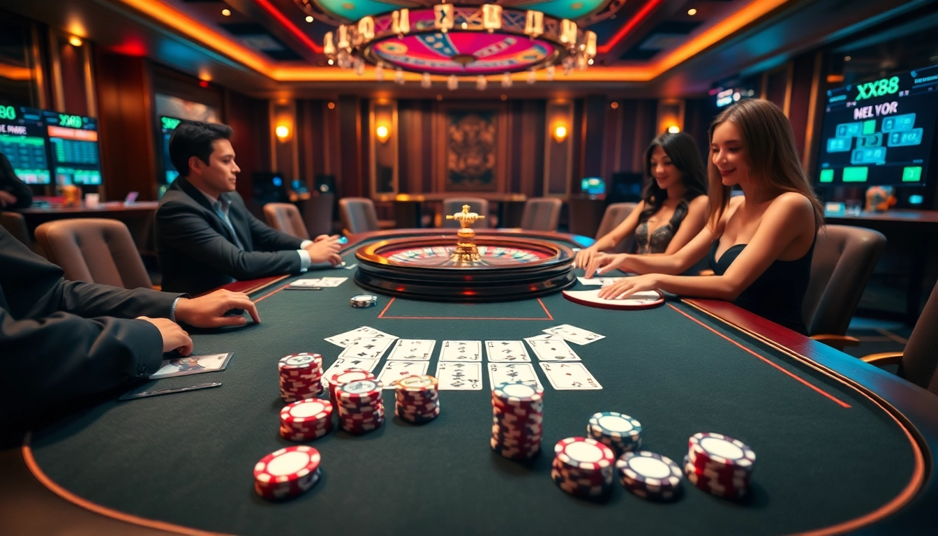 Exciting gaming atmosphere highlighting nhà cái XX88 with professional players at a casino table.