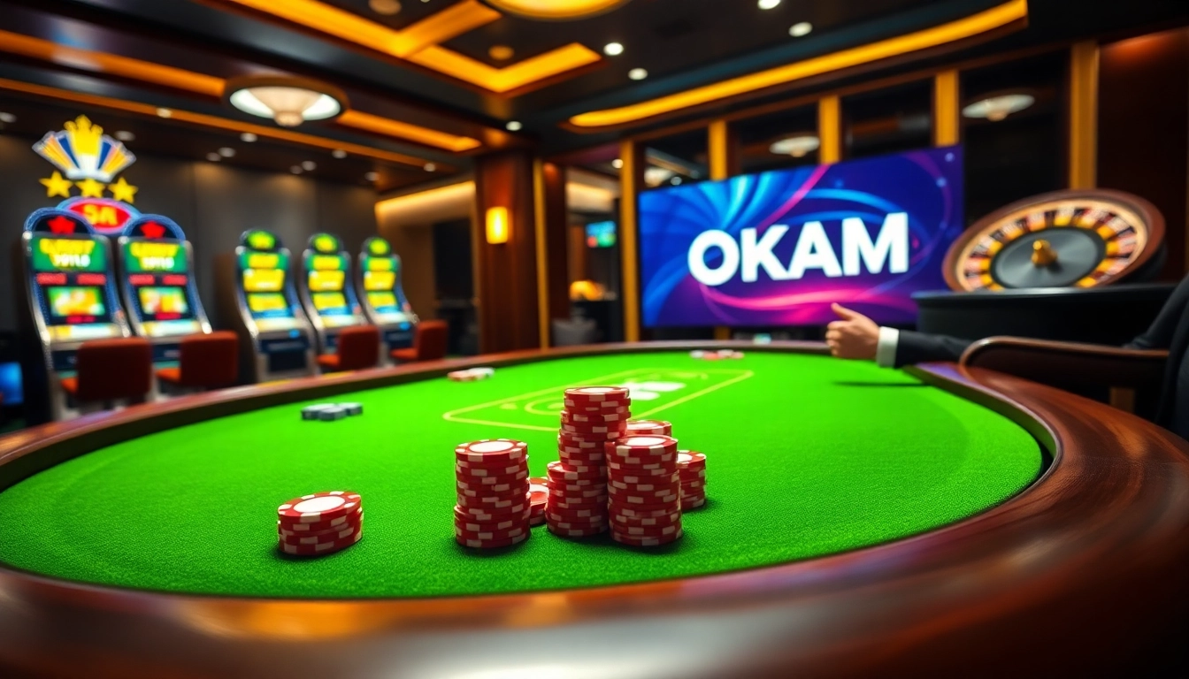 Experience thrilling online gambling at OKATM with vibrant casino tables and interactive screens.