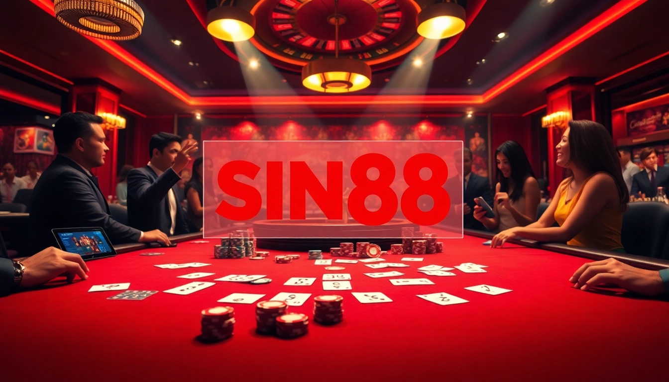 SIN88 casino scene with vibrant table games and an exciting roulette wheel ambiance.