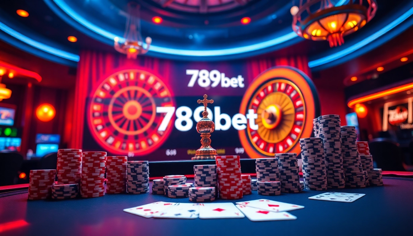 Experience the thrill of 789bet with a vibrant casino setting showcasing poker chips and roulette.