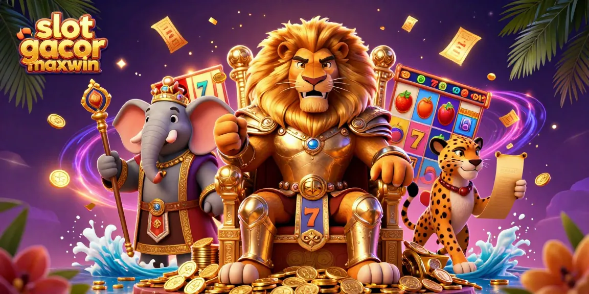 Play thrilling slot gacor maxwin with a majestic lion king, supported by an elephant and cheetah in a dynamic casino scene.
