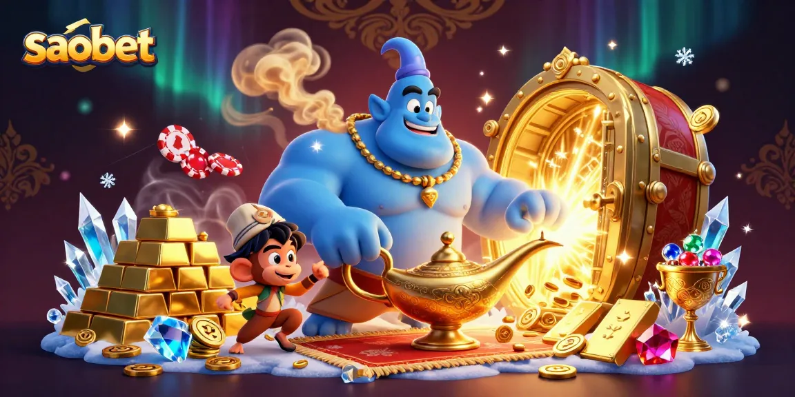 Enjoy exciting gameplay with Saobet's captivating 3D illustration featuring a genie, treasure, and poker chips.