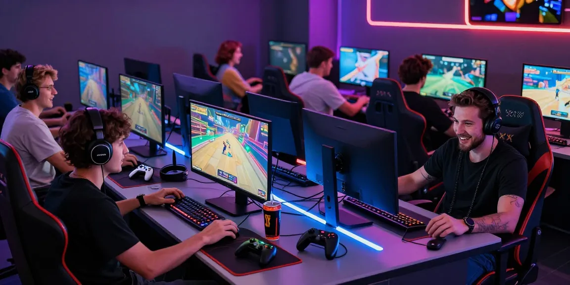 Exciting gaming lounge with players enjoying interactive xxx games on multiple screens.