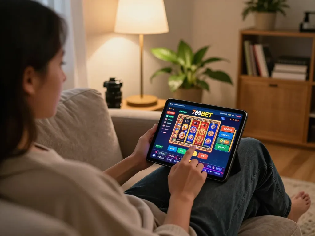Engage with 789BET's dynamic online gaming experience on a cozy home setup, showcasing betting options.