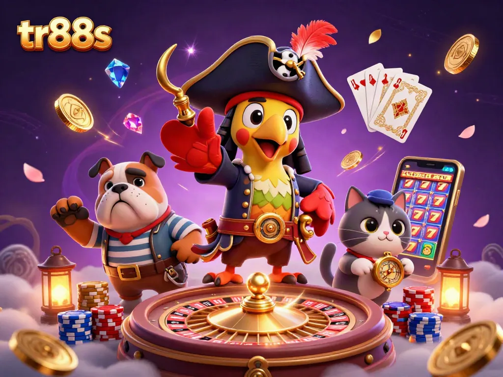 Play exciting games at tr88s with a vibrant 3D casino illustration showcasing a dynamic pirate scene.