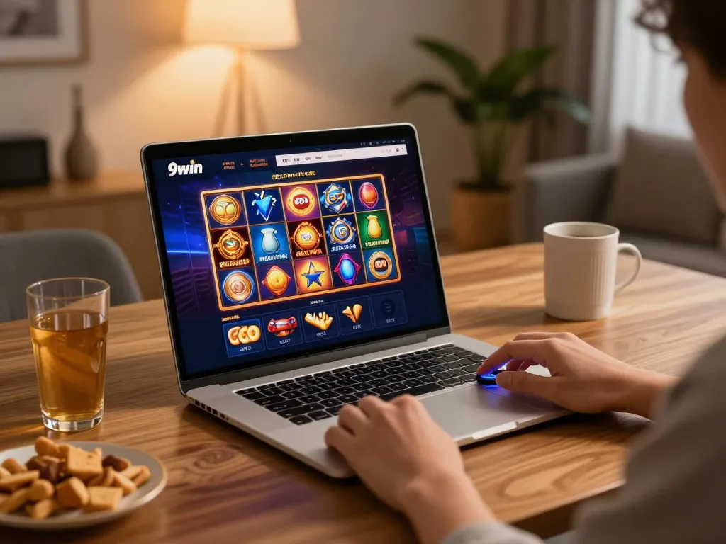 Engaged player enjoying 9win online slots while responsibly managing gaming session.