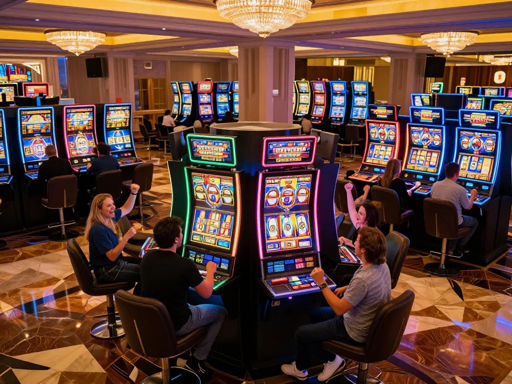 LUCK8 players celebrating big wins at slot machines in an upscale casino atmosphere filled with vibrant lights.