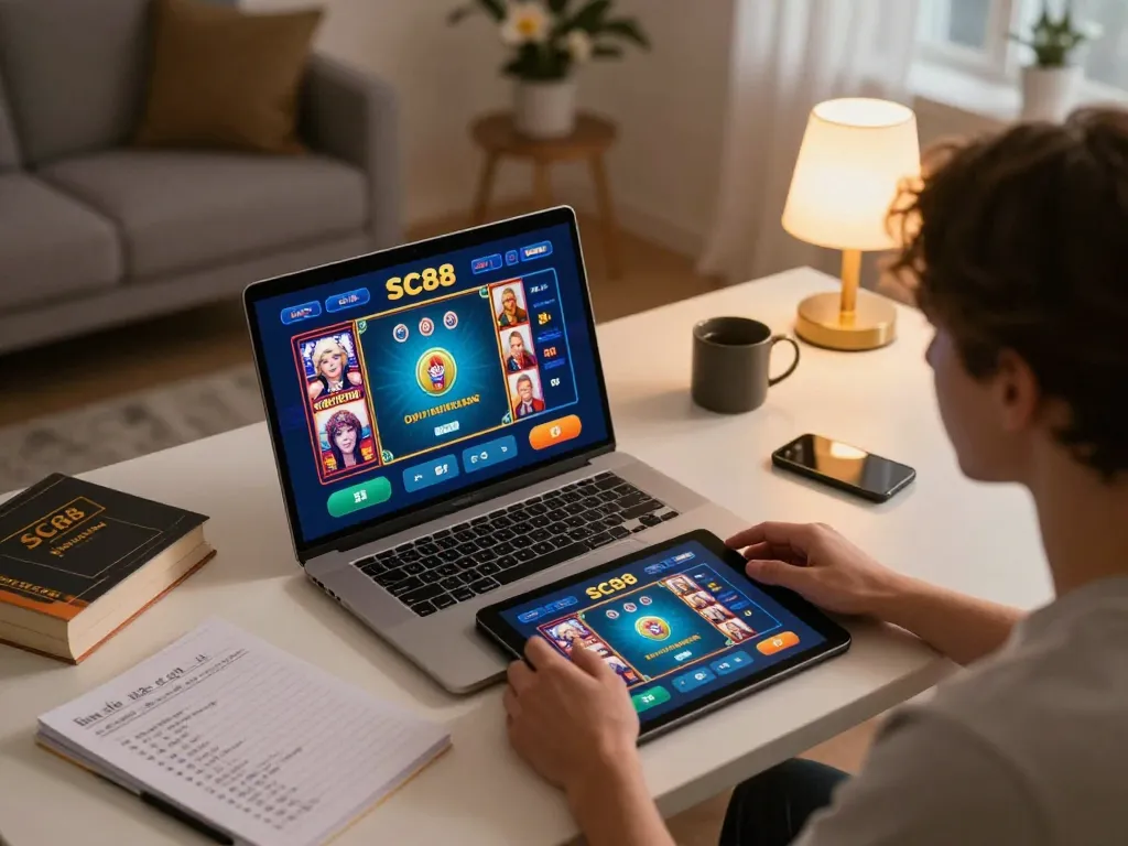 Engaging SC88 online gaming scene with a player using a laptop for strategic betting.