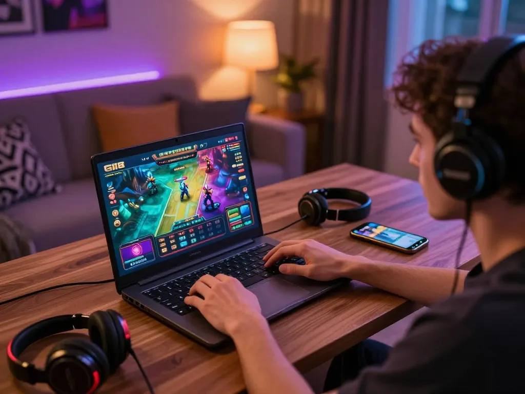 Player engaging with GI8 online casino on laptop in cozy home setting