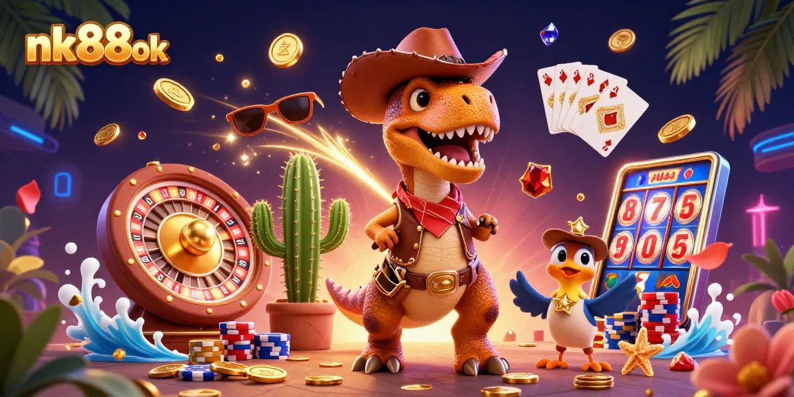 Play exciting games at nk88ok with rich dynamic casino elements and colorful characters in a vibrant setting.