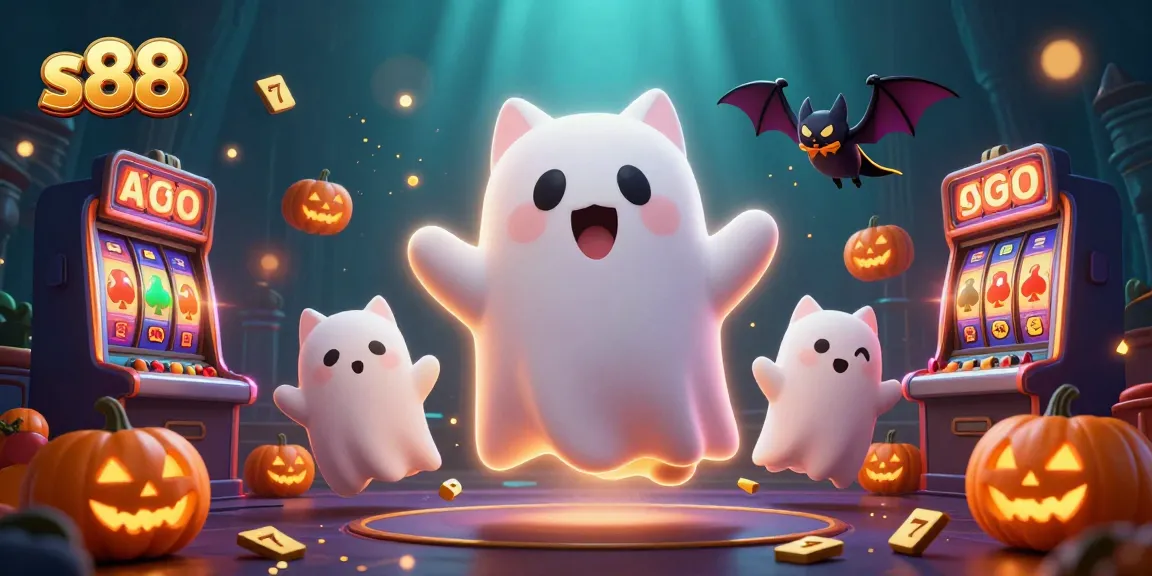 s88 ghost cat plays with glowing slot reels in a haunted casino, lively and colorful.