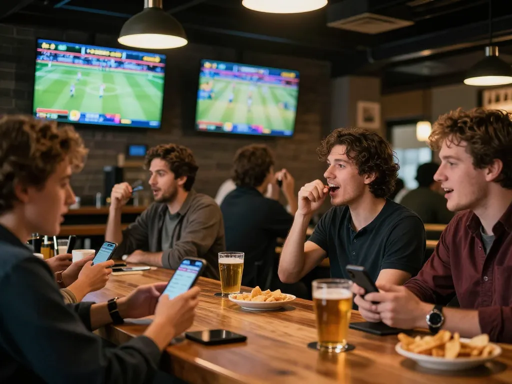 Usbet patrons excitedly placing live bets while watching sports on screens in a vibrant bar setting