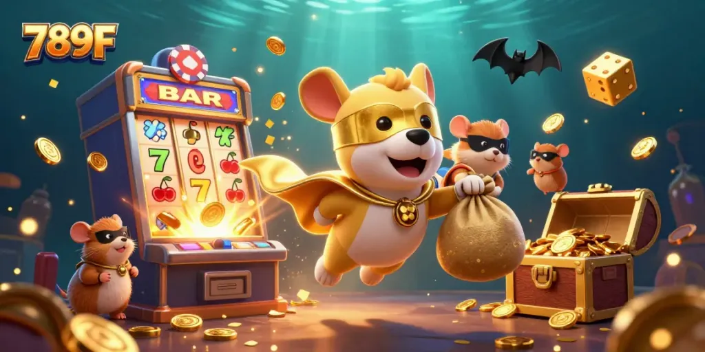 Experience thrilling action with 789F as the superhero dog flies through a vibrant casino-themed scene.
