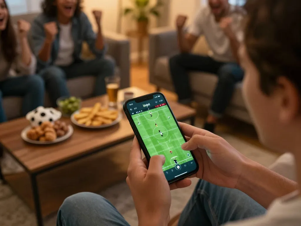 Checking kqbd updates on smartphone while enjoying live soccer match with friends.