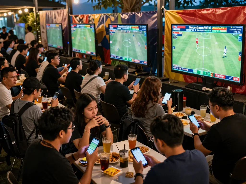 Fans engaging in live sports betting at keonhacaii88 with mobile devices and large screens around.