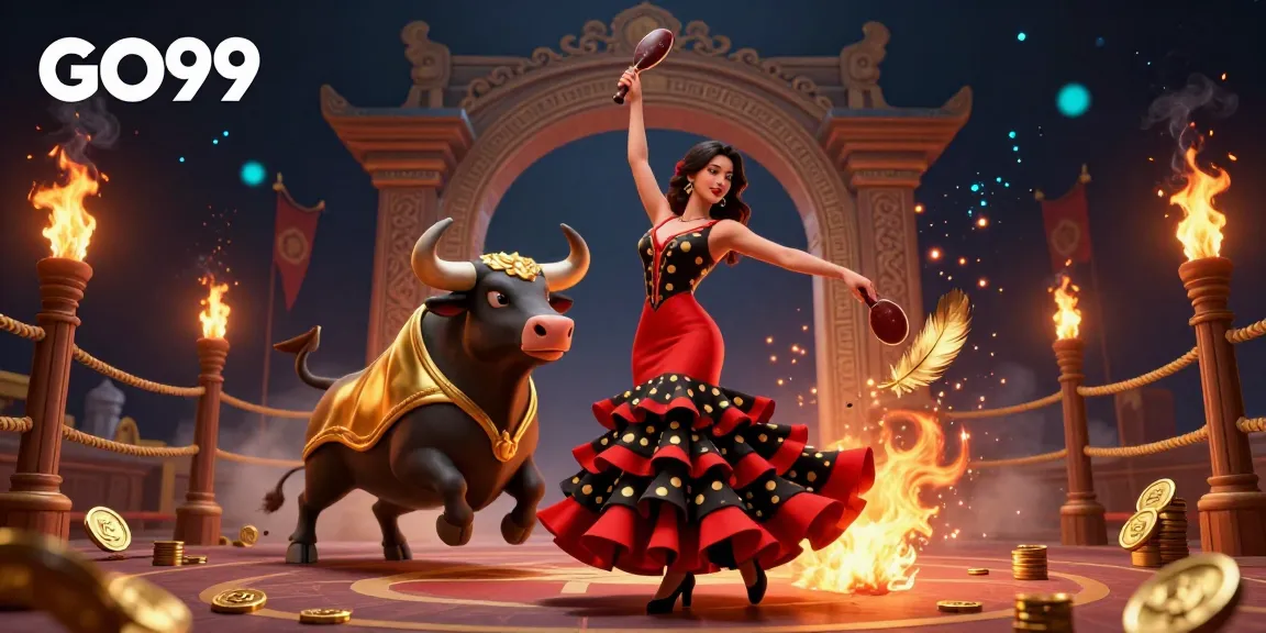 Experience electrifying wins at GO99 with a vibrant 3D depiction of a flamenco dancer and a golden bull.