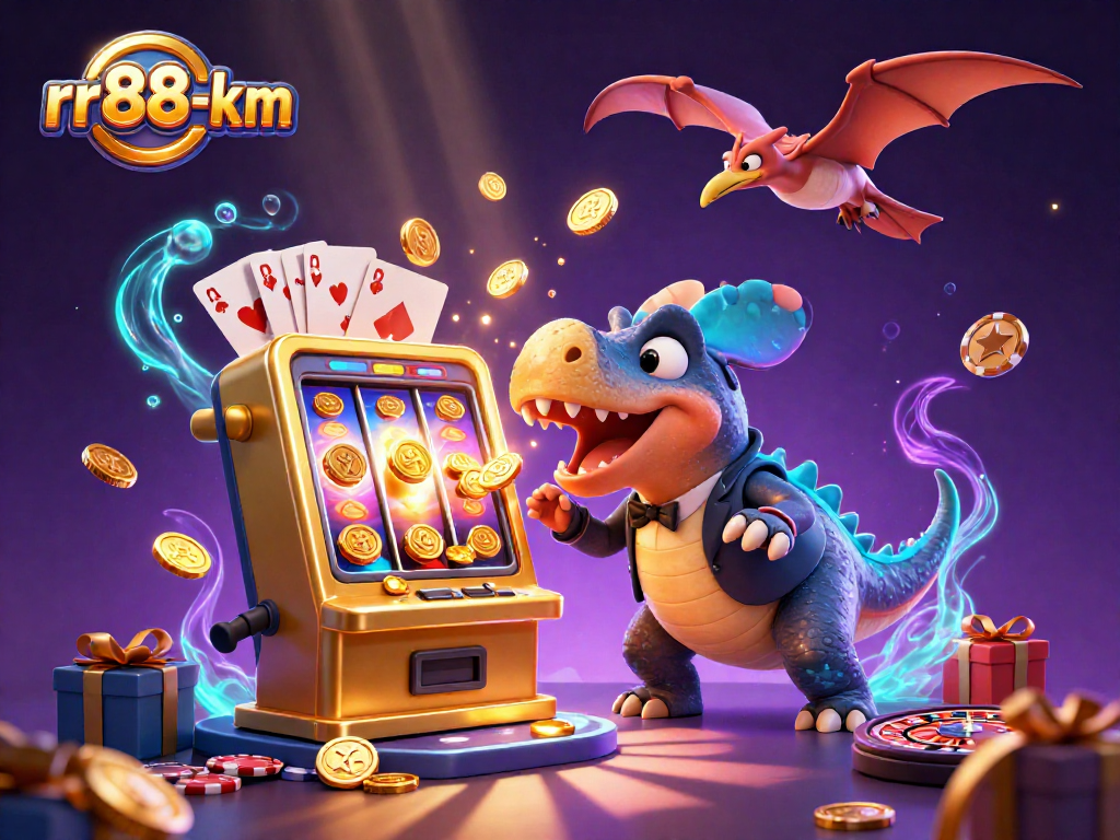 Spin the golden slot machine to win jackpots with rr88-km in this dynamic 3D casino scene.