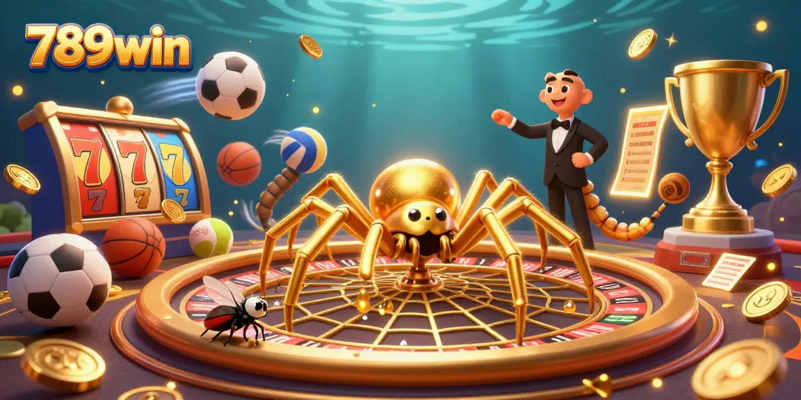 Engage with 789win's lively illustration of a casino scene with a golden spider and a betting fly.