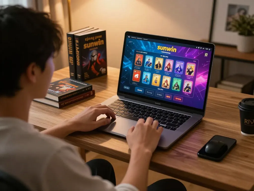 Cổng game sunwin online gambling session with player engaging on laptop at home.