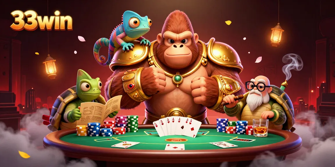 33win presents a powerful gorilla king at a vibrant poker table surrounded by colorful chips and mystical effects.