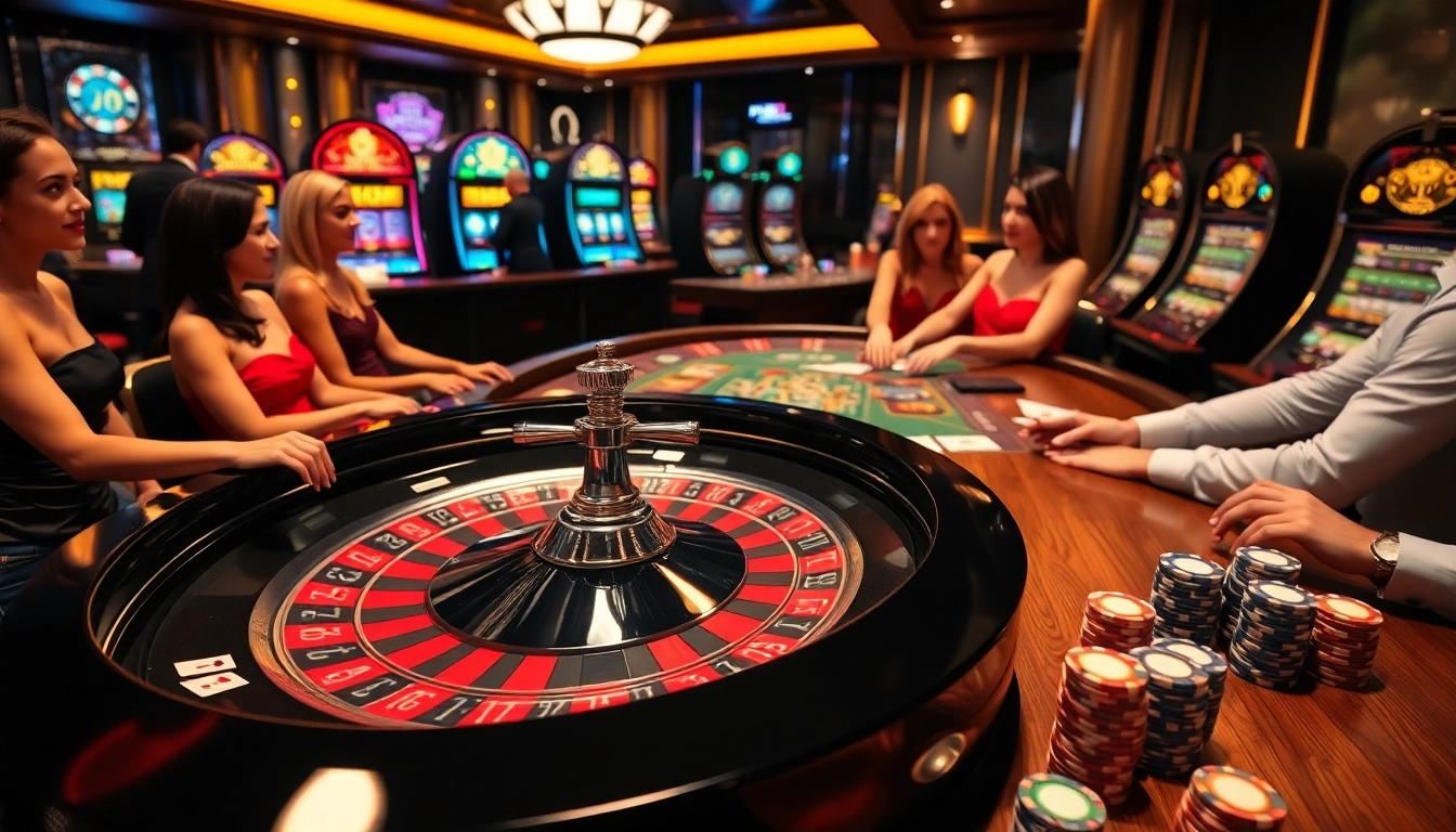 Experience high-stakes gaming with a vibrant casino scene at https://bem88.com, showcasing roulette and poker.