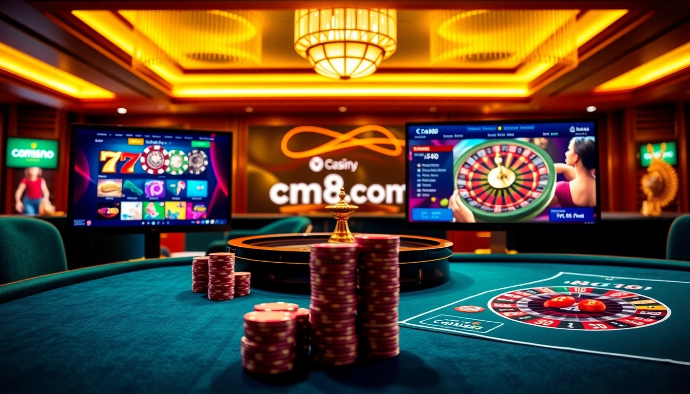 Engaging gameplay on cm88.com with a vibrant casino table and poker chips stacked high.