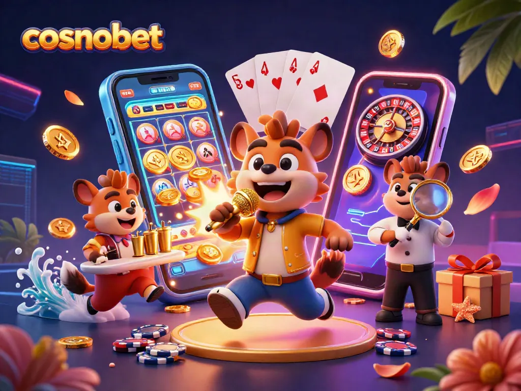 Experience thrilling gameplay with cosmobet in this vibrant 3D casino illustration featuring hyenas engaged in fun.