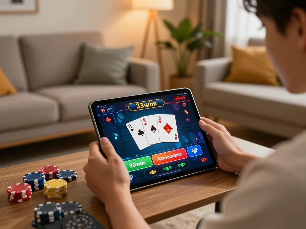 Engaging with the 33win casino app on a tablet in a cozy living room setup.