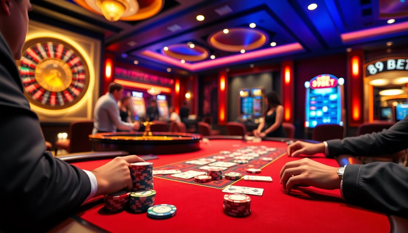 89BET players engaging at a luxurious casino table with cards and chips.