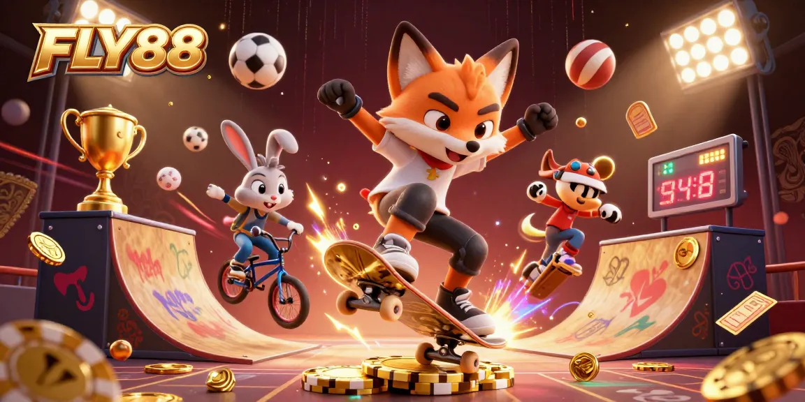 Experience thrilling gaming action at FLY88 with a vibrant 3D casino illustration showcasing dynamic characters and elements.