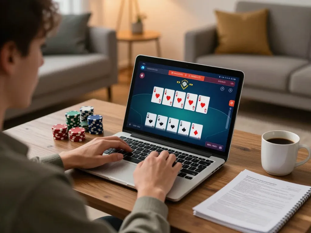 Engaging online poker gameplay on laptop showcasing v788 strategies in a cozy home setting.