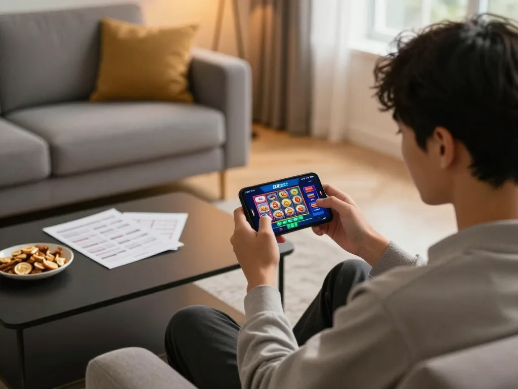 Person playing 8xbet on smartphone in a cozy living room while strategizing with notes.
