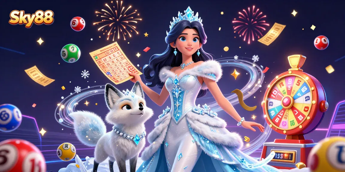Engage with Sky88's vibrant casino atmosphere featuring dynamic lottery balls and festive elements.