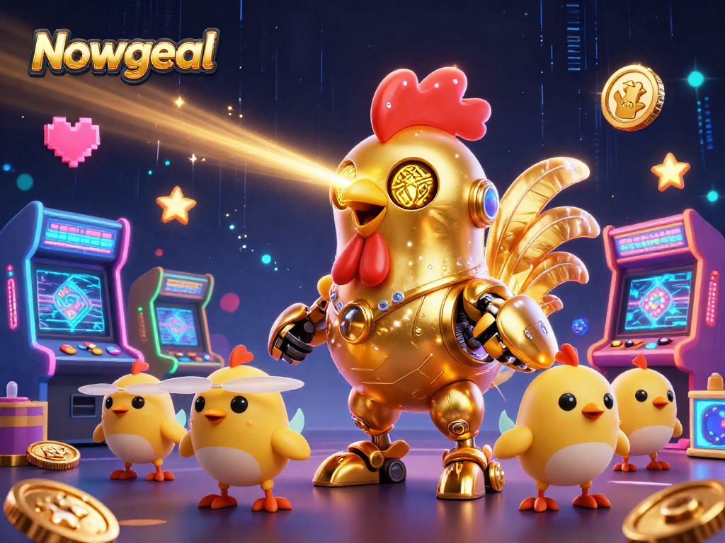 Win big with Nowgoal in this vibrant casino-themed 3D illustration featuring a golden robot and gaming elements.
