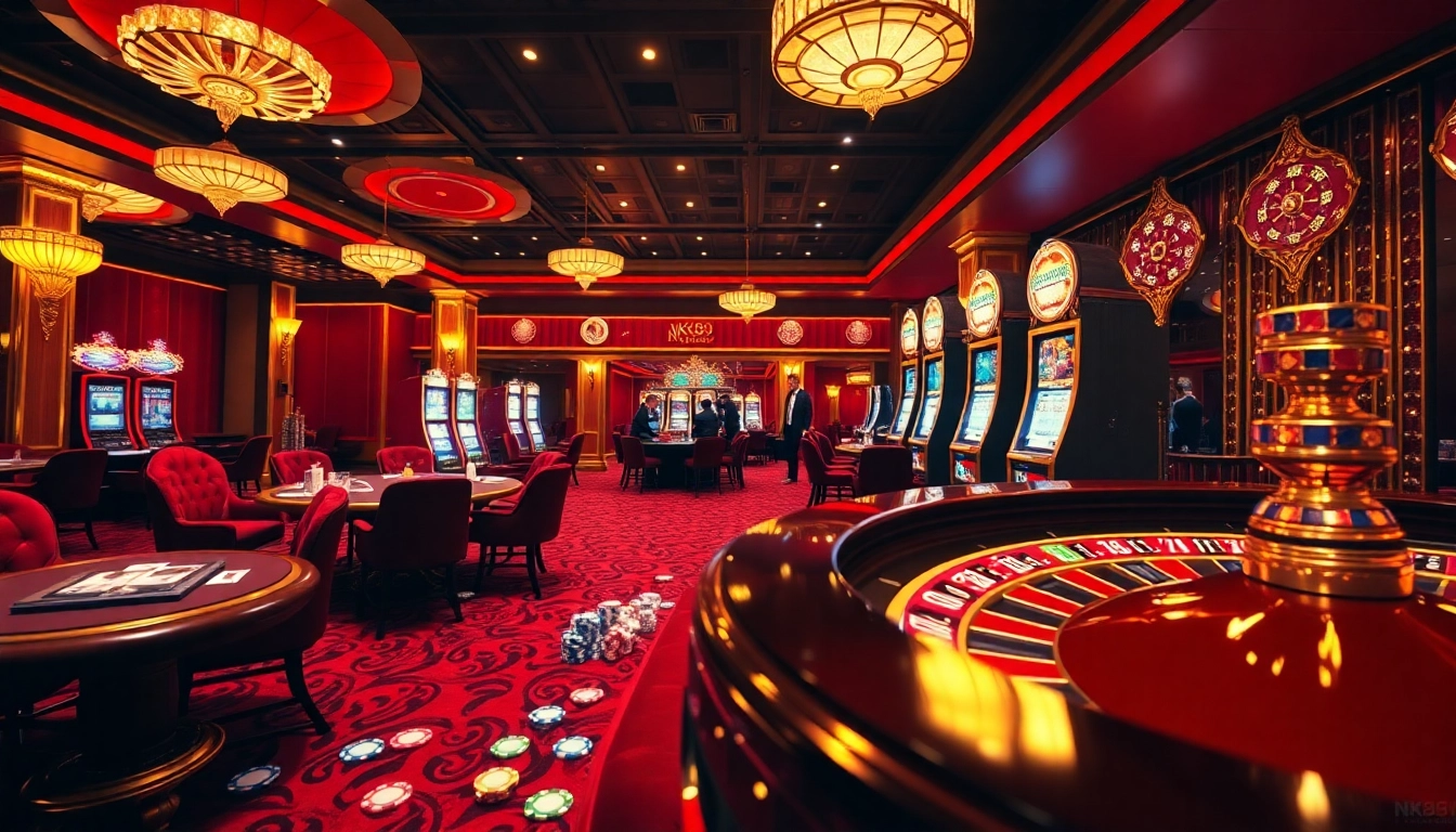 Experience high-stakes action at NK88 casino table with vibrant poker chips and roulette wheel.