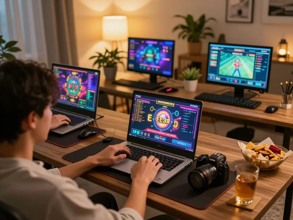 Engaging person playing on EE88 online casino platform with cozy home setup and warm lighting