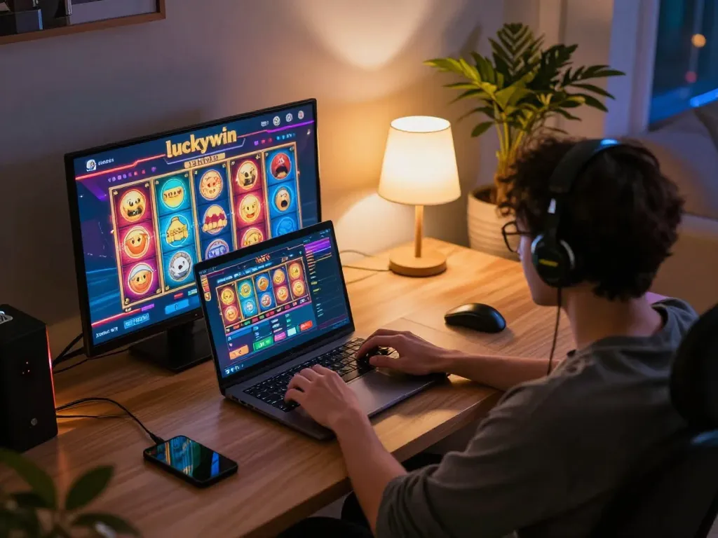 Engaged player enjoying online slots at luckywin trang chủ from their cozy home setup.