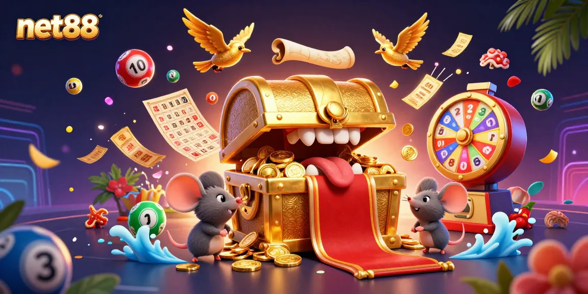 Engage in vibrant lottery excitement at net88 with a 3D treasure chest and dynamic elements.