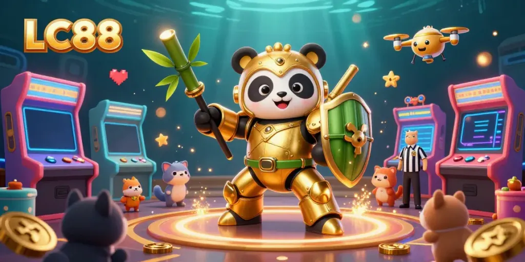 Experience thrilling gaming with LC88 in a vibrant 3D casino arena featuring action-packed characters and dynamic elements.