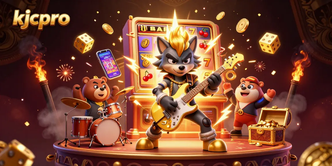 Experience the thrill of slots and jackpots with kjcpro's dynamic casino stage illustration featuring whimsical characters.