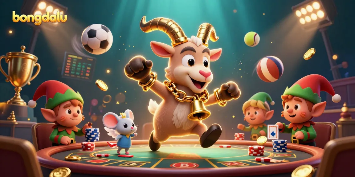 Bongdalu updates sports scores with festive cartoon characters in a dynamic casino scene.