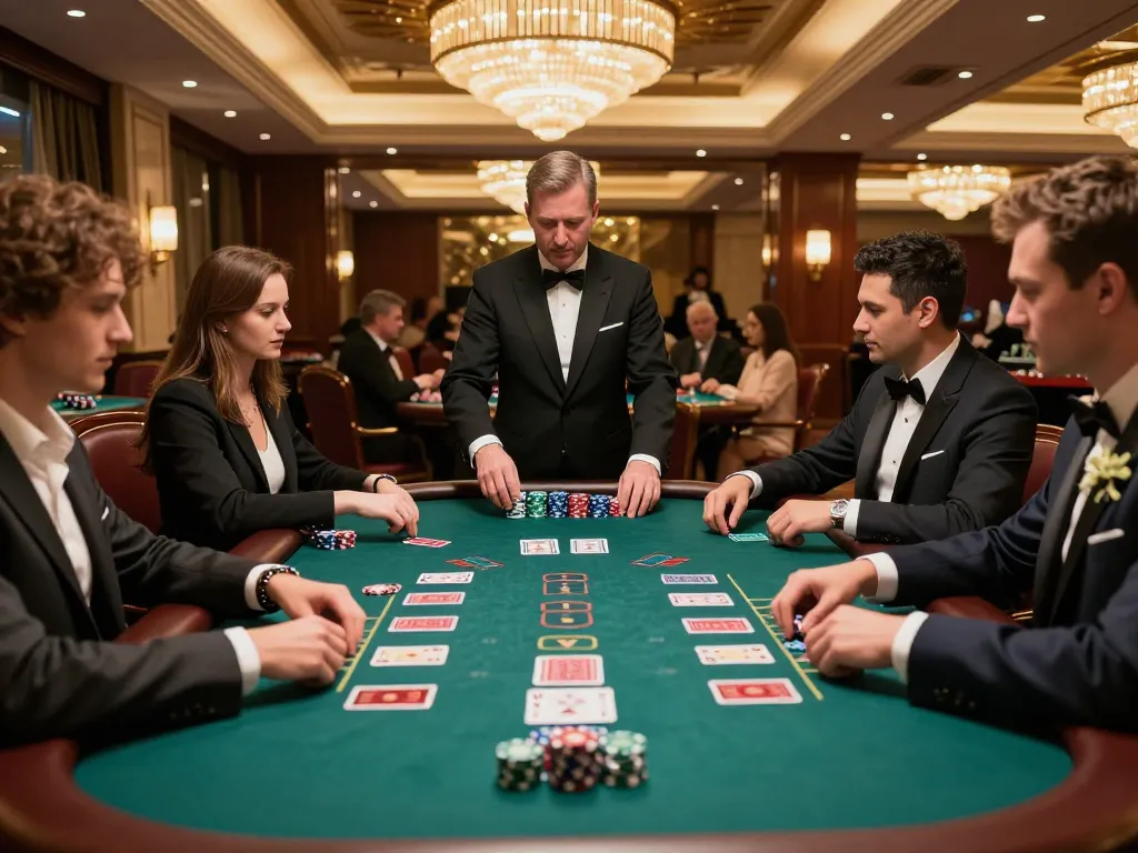Players engaged in high-stakes blackjack at MB88 casino, showcasing elegant attire and intense focus.