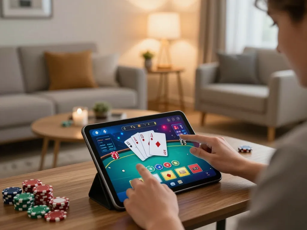 Engaging gameplay with nk88vip app on tablet while enjoying a cozy home setting