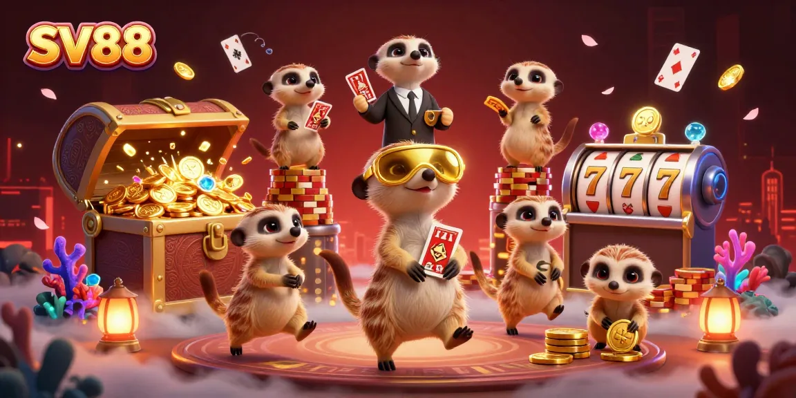 SV88 meerkats running a vibrant casino, surrounded by gold coins and colorful game elements.